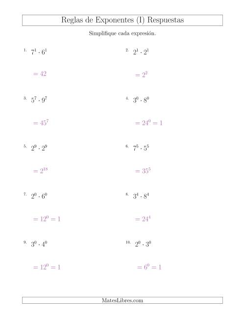 La hoja de ejercicios de Multiplicar el Mismo Exponente con Diferentes Bases (Todos Positivos) (I) Página 2