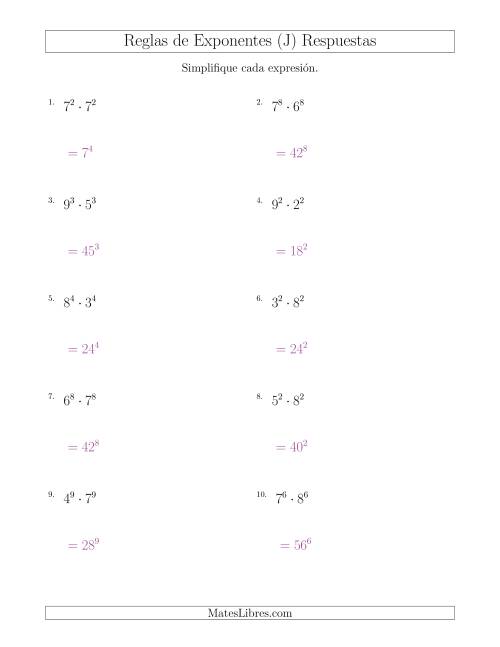 La hoja de ejercicios de Multiplicar el Mismo Exponente con Diferentes Bases (Todos Positivos) (J) Página 2