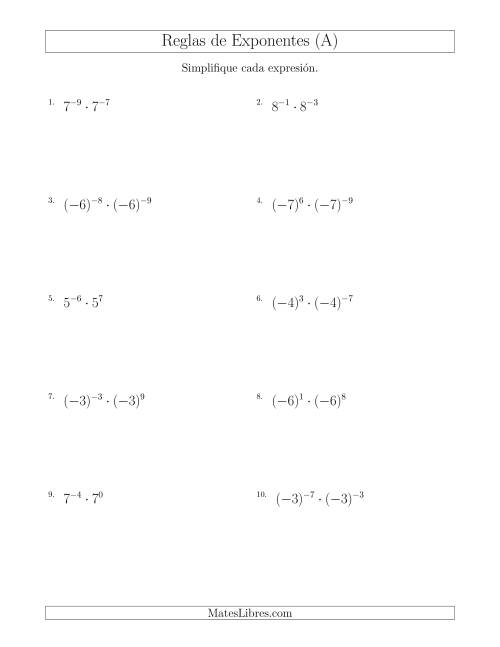 La hoja de ejercicios de Multiplicar Exponentes (Con Negativos) (A)