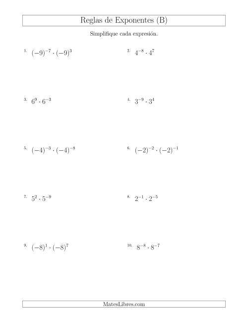 La hoja de ejercicios de Multiplicar Exponentes (Con Negativos) (B)