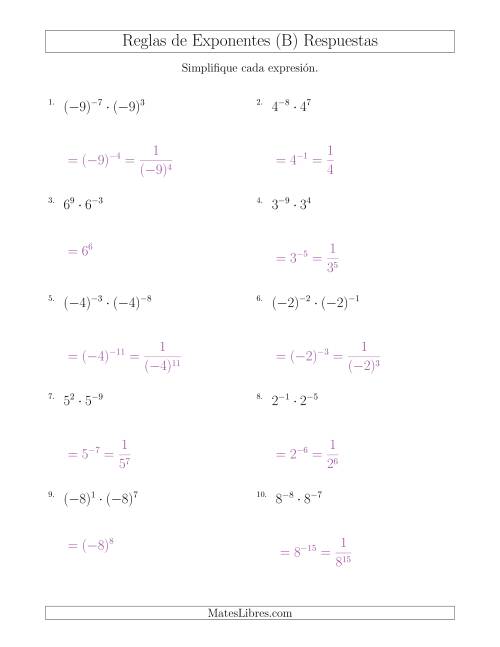 La hoja de ejercicios de Multiplicar Exponentes (Con Negativos) (B) Página 2