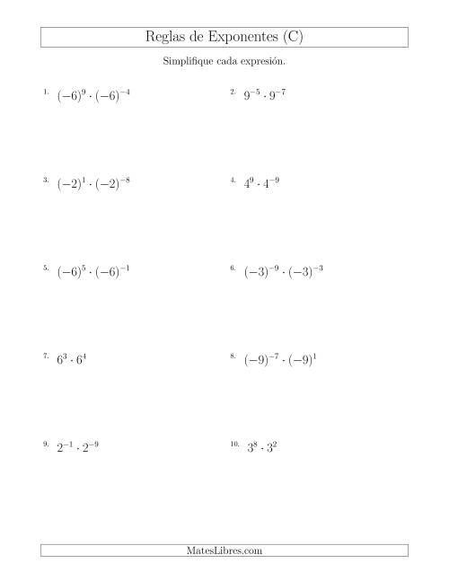 La hoja de ejercicios de Multiplicar Exponentes (Con Negativos) (C)