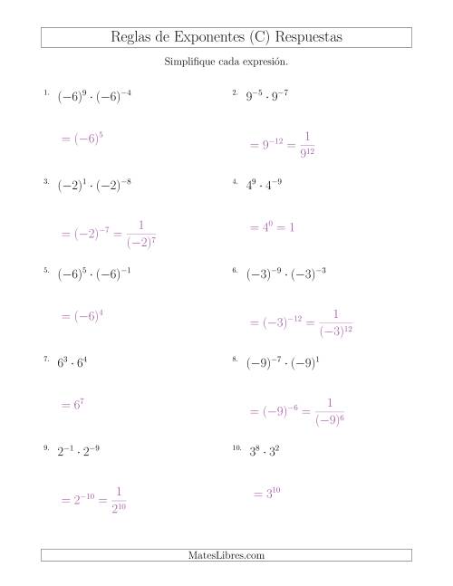 La hoja de ejercicios de Multiplicar Exponentes (Con Negativos) (C) Página 2