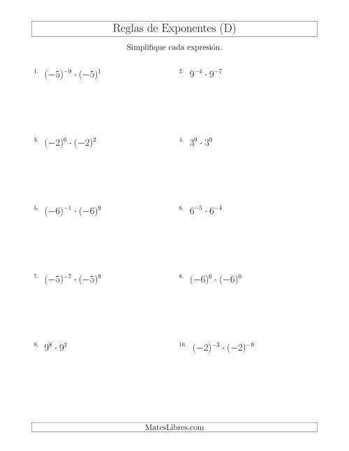 La hoja de ejercicios de Multiplicar Exponentes (Con Negativos) (D)