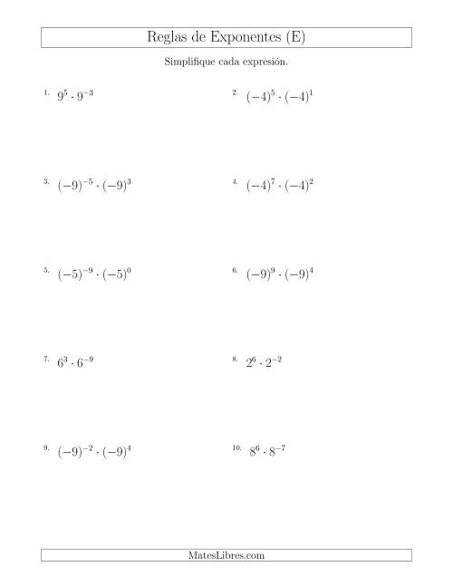 La hoja de ejercicios de Multiplicar Exponentes (Con Negativos) (E)