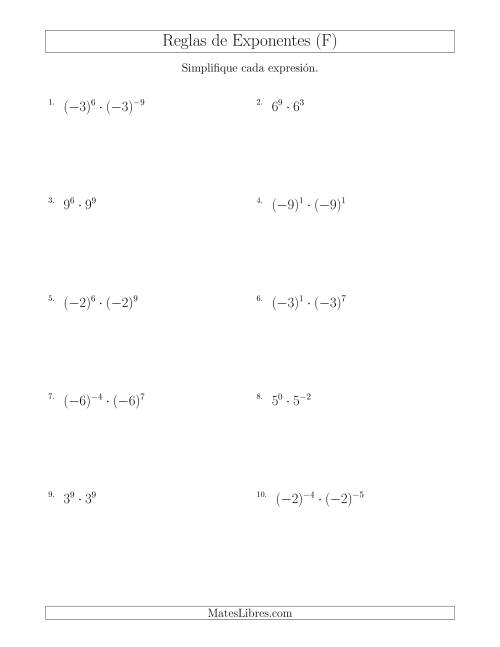 La hoja de ejercicios de Multiplicar Exponentes (Con Negativos) (F)