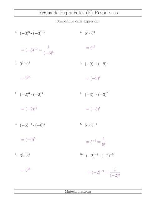 La hoja de ejercicios de Multiplicar Exponentes (Con Negativos) (F) Página 2