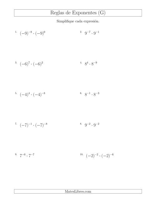 La hoja de ejercicios de Multiplicar Exponentes (Con Negativos) (G)