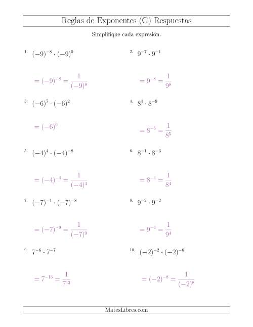 La hoja de ejercicios de Multiplicar Exponentes (Con Negativos) (G) Página 2