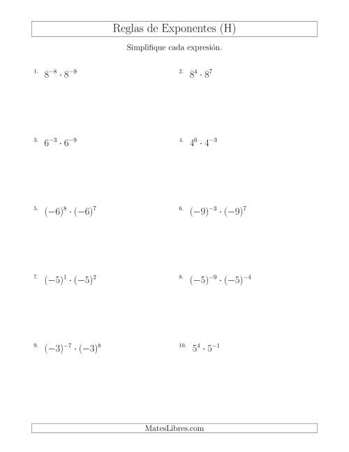 La hoja de ejercicios de Multiplicar Exponentes (Con Negativos) (H)