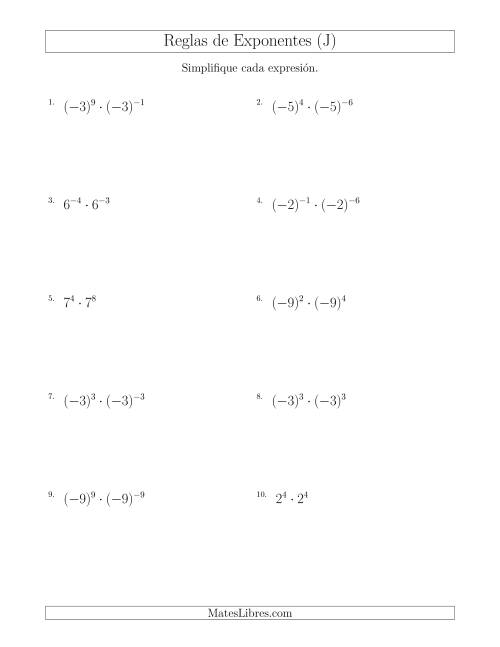 La hoja de ejercicios de Multiplicar Exponentes (Con Negativos) (J)