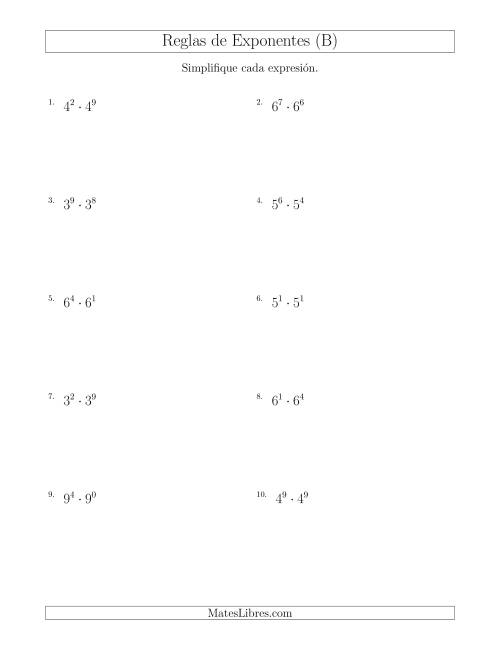 La hoja de ejercicios de Multiplicar Exponentes (Todos Positivos) (B)
