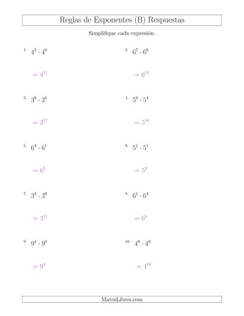 La hoja de ejercicios de Multiplicar Exponentes (Todos Positivos) (B) Página 2