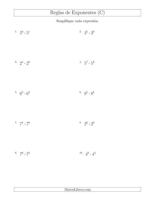 La hoja de ejercicios de Multiplicar Exponentes (Todos Positivos) (C)