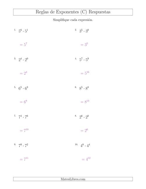La hoja de ejercicios de Multiplicar Exponentes (Todos Positivos) (C) Página 2