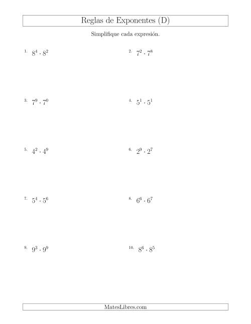 La hoja de ejercicios de Multiplicar Exponentes (Todos Positivos) (D)