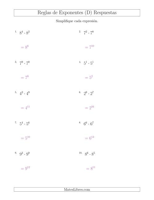 La hoja de ejercicios de Multiplicar Exponentes (Todos Positivos) (D) Página 2