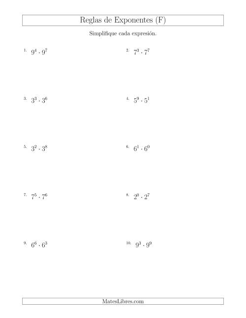 La hoja de ejercicios de Multiplicar Exponentes (Todos Positivos) (F)