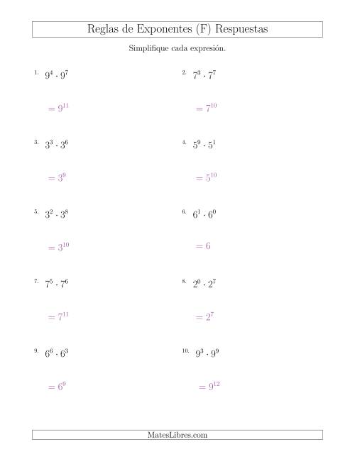 La hoja de ejercicios de Multiplicar Exponentes (Todos Positivos) (F) Página 2