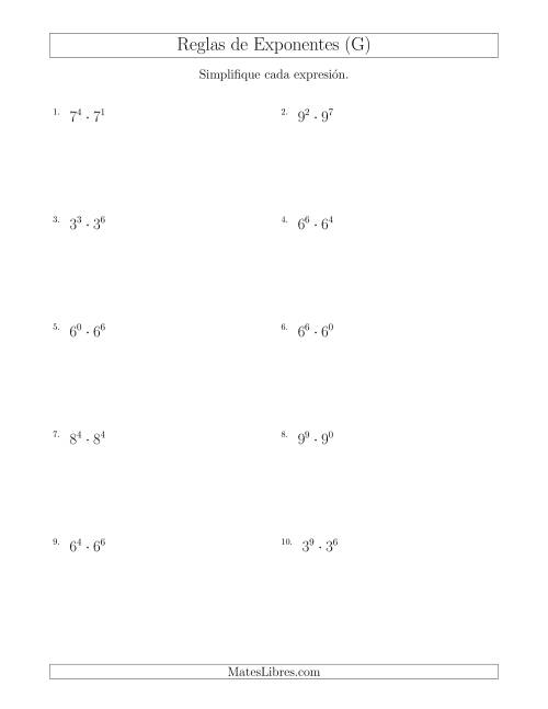 La hoja de ejercicios de Multiplicar Exponentes (Todos Positivos) (G)