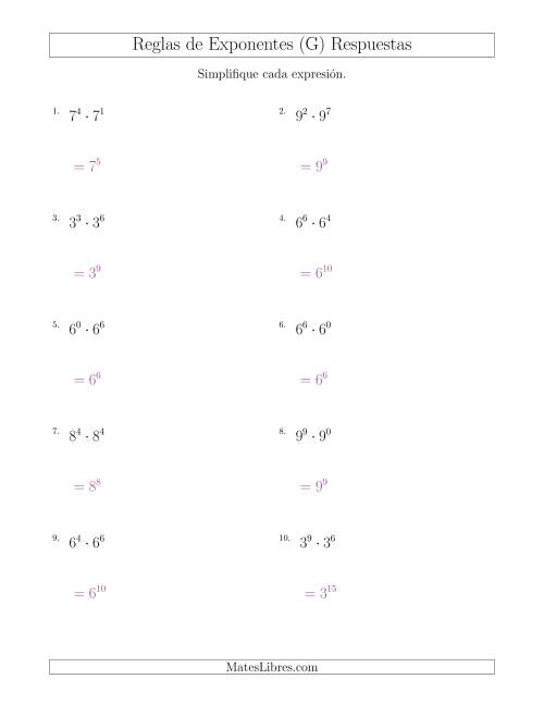 La hoja de ejercicios de Multiplicar Exponentes (Todos Positivos) (G) Página 2