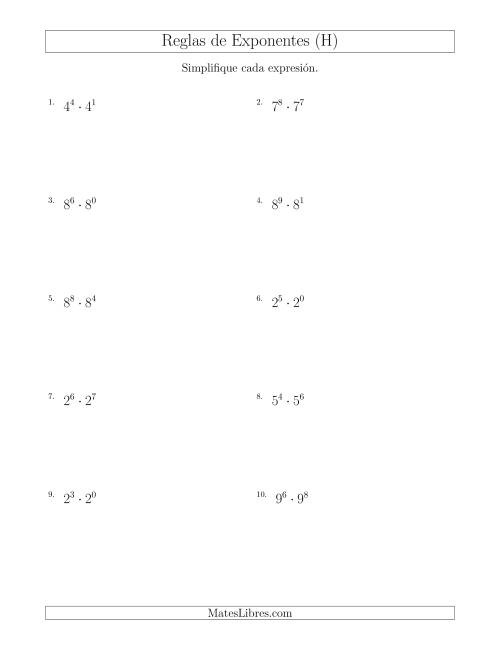 La hoja de ejercicios de Multiplicar Exponentes (Todos Positivos) (H)