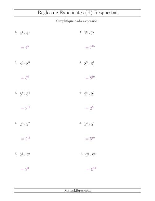La hoja de ejercicios de Multiplicar Exponentes (Todos Positivos) (H) Página 2