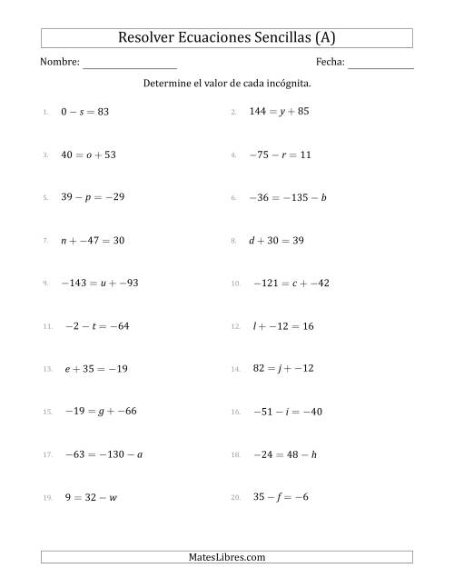 La hoja de ejercicios de Resolver Ecuaciones Lineales Simples con Incógnitas entre -99 and 99 y las Variables a la Izquierda o a la Derecha (A)