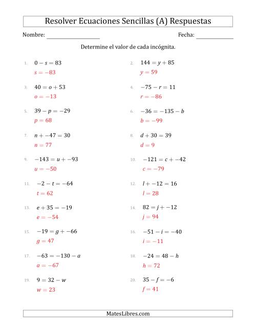 La hoja de ejercicios de Resolver Ecuaciones Lineales Simples con Incógnitas entre -99 and 99 y las Variables a la Izquierda o a la Derecha (A) Página 2