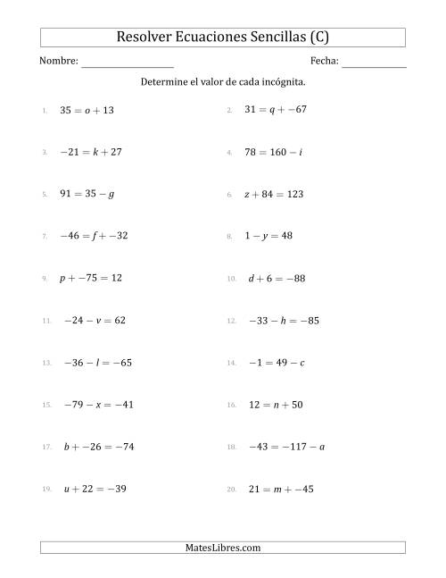 La hoja de ejercicios de Resolver Ecuaciones Lineales Simples con Incógnitas entre -99 and 99 y las Variables a la Izquierda o a la Derecha (C)