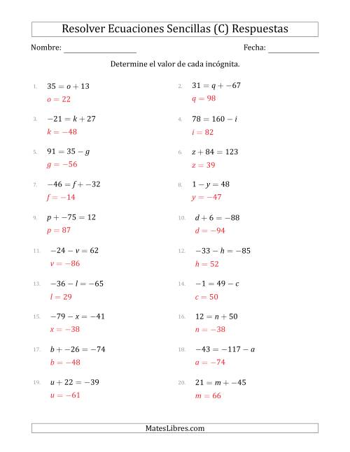 La hoja de ejercicios de Resolver Ecuaciones Lineales Simples con Incógnitas entre -99 and 99 y las Variables a la Izquierda o a la Derecha (C) Página 2
