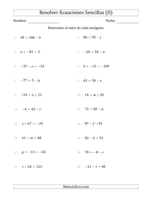 La hoja de ejercicios de Resolver Ecuaciones Lineales Simples con Incógnitas entre -99 and 99 y las Variables a la Izquierda o a la Derecha (D)