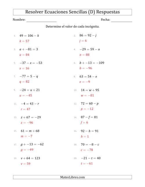 La hoja de ejercicios de Resolver Ecuaciones Lineales Simples con Incógnitas entre -99 and 99 y las Variables a la Izquierda o a la Derecha (D) Página 2