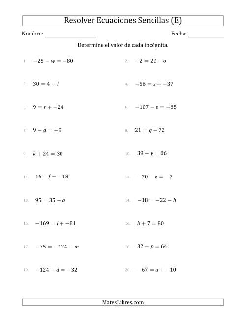 La hoja de ejercicios de Resolver Ecuaciones Lineales Simples con Incógnitas entre -99 and 99 y las Variables a la Izquierda o a la Derecha (E)