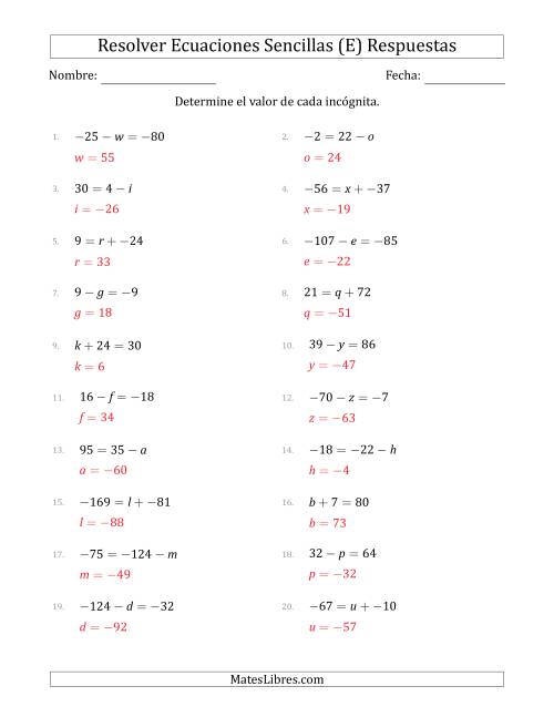 La hoja de ejercicios de Resolver Ecuaciones Lineales Simples con Incógnitas entre -99 and 99 y las Variables a la Izquierda o a la Derecha (E) Página 2