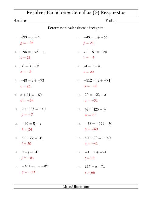 La hoja de ejercicios de Resolver Ecuaciones Lineales Simples con Incógnitas entre -99 and 99 y las Variables a la Izquierda o a la Derecha (G) Página 2