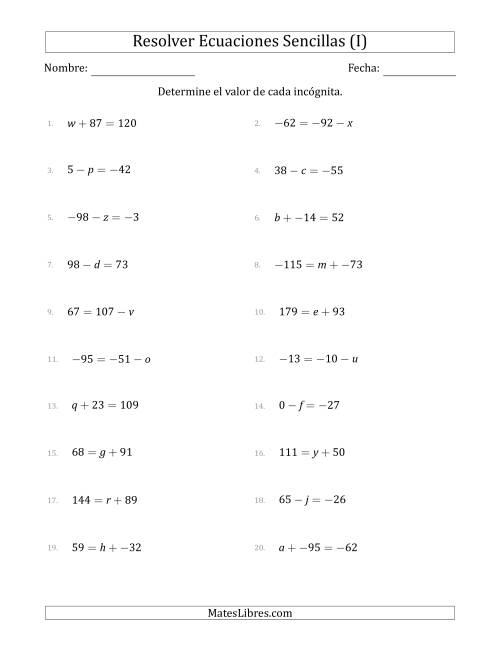 La hoja de ejercicios de Resolver Ecuaciones Lineales Simples con Incógnitas entre -99 and 99 y las Variables a la Izquierda o a la Derecha (I)