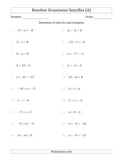 Resolver Ecuaciones Lineales Simples con Incógnitas entre -99 and 99 y las Variables a la Izquierda o a la Derecha