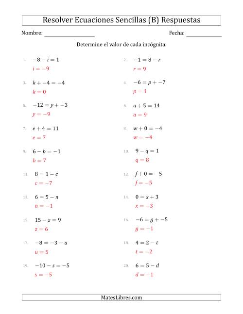 La hoja de ejercicios de Resolver Ecuaciones Lineales Simples con Incógnitas entre -99 and 99 y las Variables a la Izquierda o a la Derecha (B) Página 2