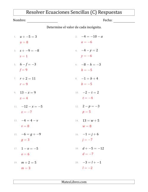 La hoja de ejercicios de Resolver Ecuaciones Lineales Simples con Incógnitas entre -99 and 99 y las Variables a la Izquierda o a la Derecha (C) Página 2