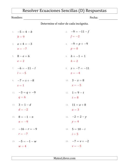 La hoja de ejercicios de Resolver Ecuaciones Lineales Simples con Incógnitas entre -99 and 99 y las Variables a la Izquierda o a la Derecha (D) Página 2