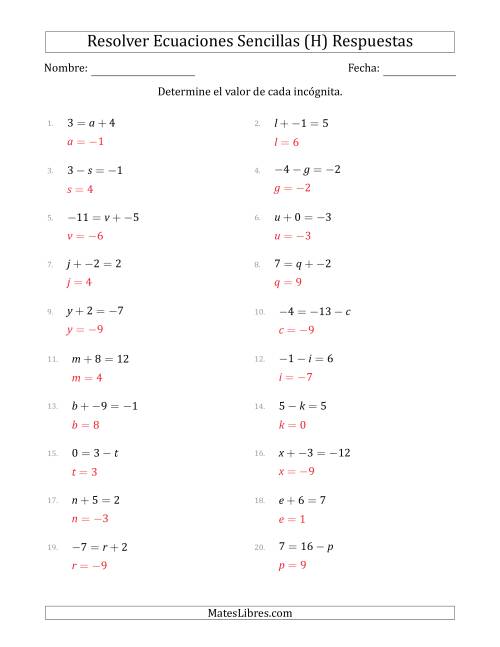 La hoja de ejercicios de Resolver Ecuaciones Lineales Simples con Incógnitas entre -99 and 99 y las Variables a la Izquierda o a la Derecha (H) Página 2