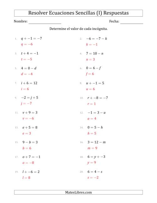 La hoja de ejercicios de Resolver Ecuaciones Lineales Simples con Incógnitas entre -99 and 99 y las Variables a la Izquierda o a la Derecha (I) Página 2