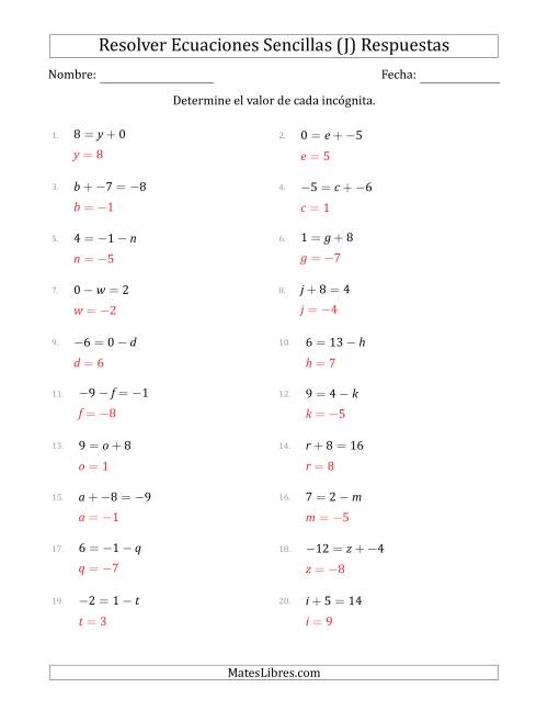 La hoja de ejercicios de Resolver Ecuaciones Lineales Simples con Incógnitas entre -99 and 99 y las Variables a la Izquierda o a la Derecha (J) Página 2