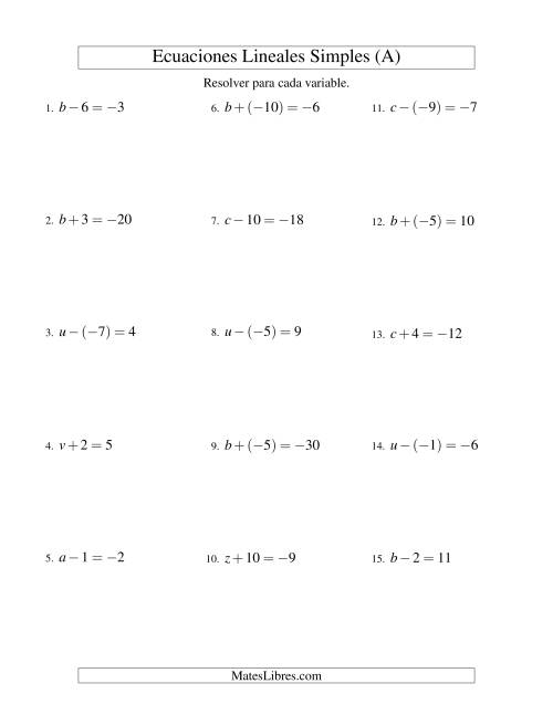 La hoja de ejercicios de Resolver Ecuaciones Lineales de Un Paso con números Más Grandes (A)