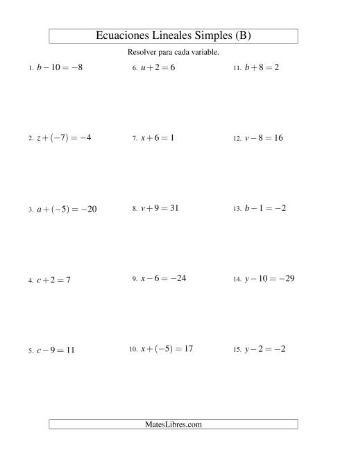 La hoja de ejercicios de Resolver Ecuaciones Lineales de Un Paso con números Más Grandes (B)