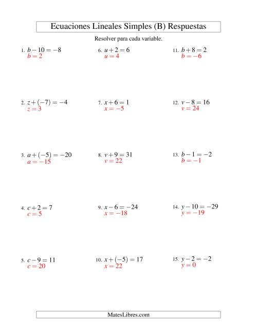 La hoja de ejercicios de Resolver Ecuaciones Lineales de Un Paso con números Más Grandes (B) Página 2