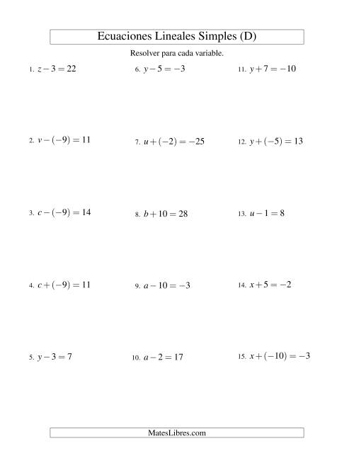 La hoja de ejercicios de Resolver Ecuaciones Lineales de Un Paso con números Más Grandes (D)