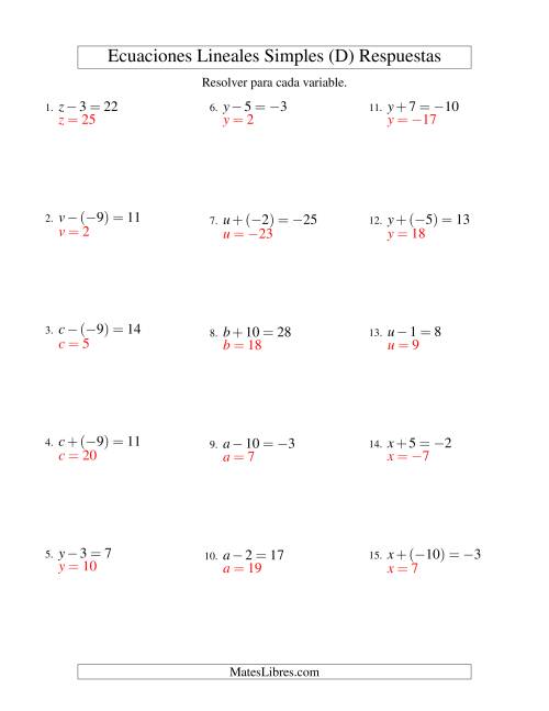 La hoja de ejercicios de Resolver Ecuaciones Lineales de Un Paso con números Más Grandes (D) Página 2