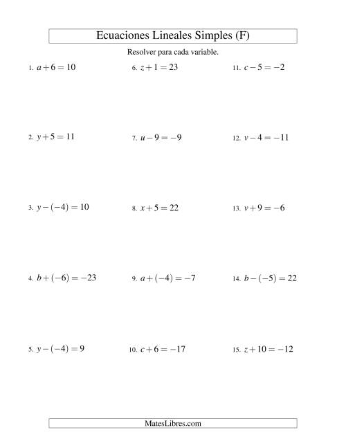 La hoja de ejercicios de Resolver Ecuaciones Lineales de Un Paso con números Más Grandes (F)